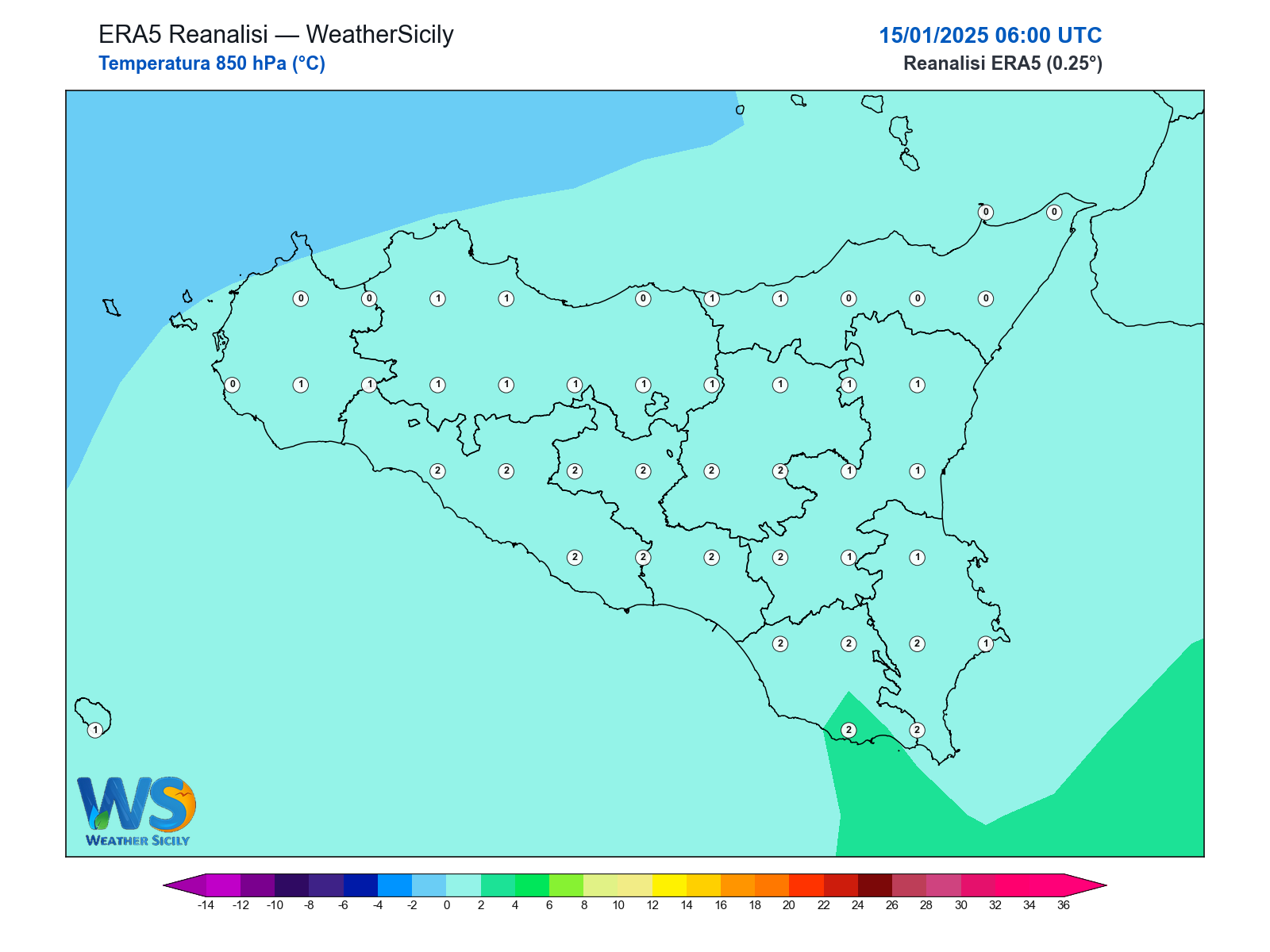 Temperatura a 850 hPa · 2025011506