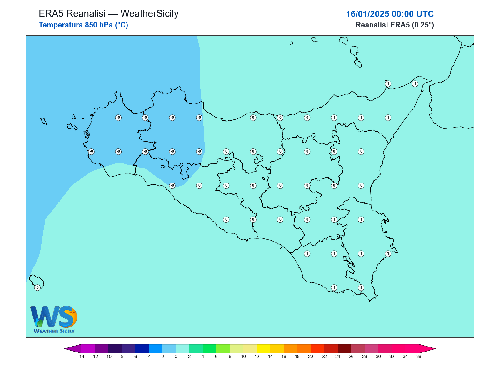 Temperatura a 850 hPa · 2025011600