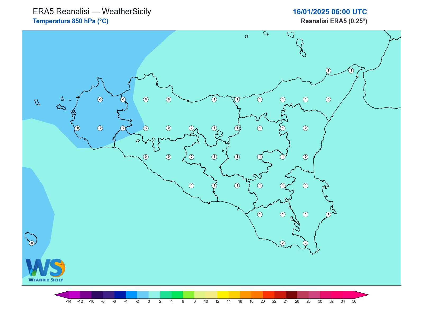Temperatura a 850 hPa · 2025011606