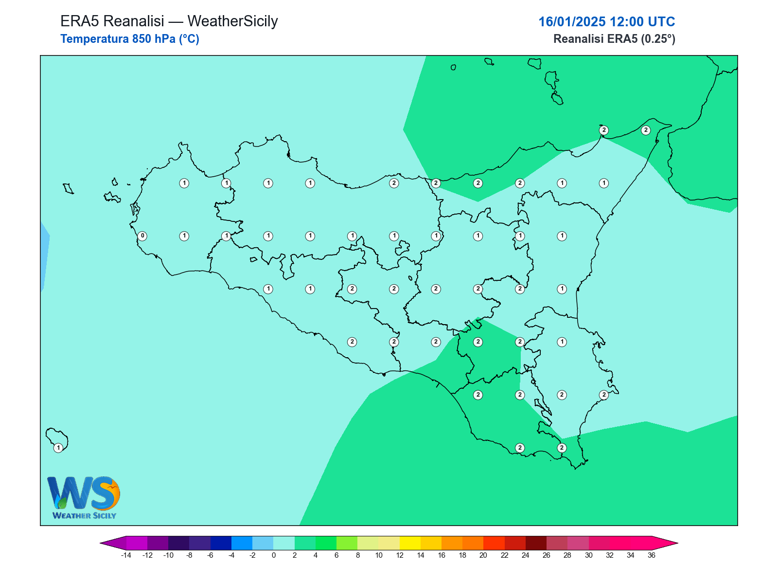 Temperatura a 850 hPa · 2025011612