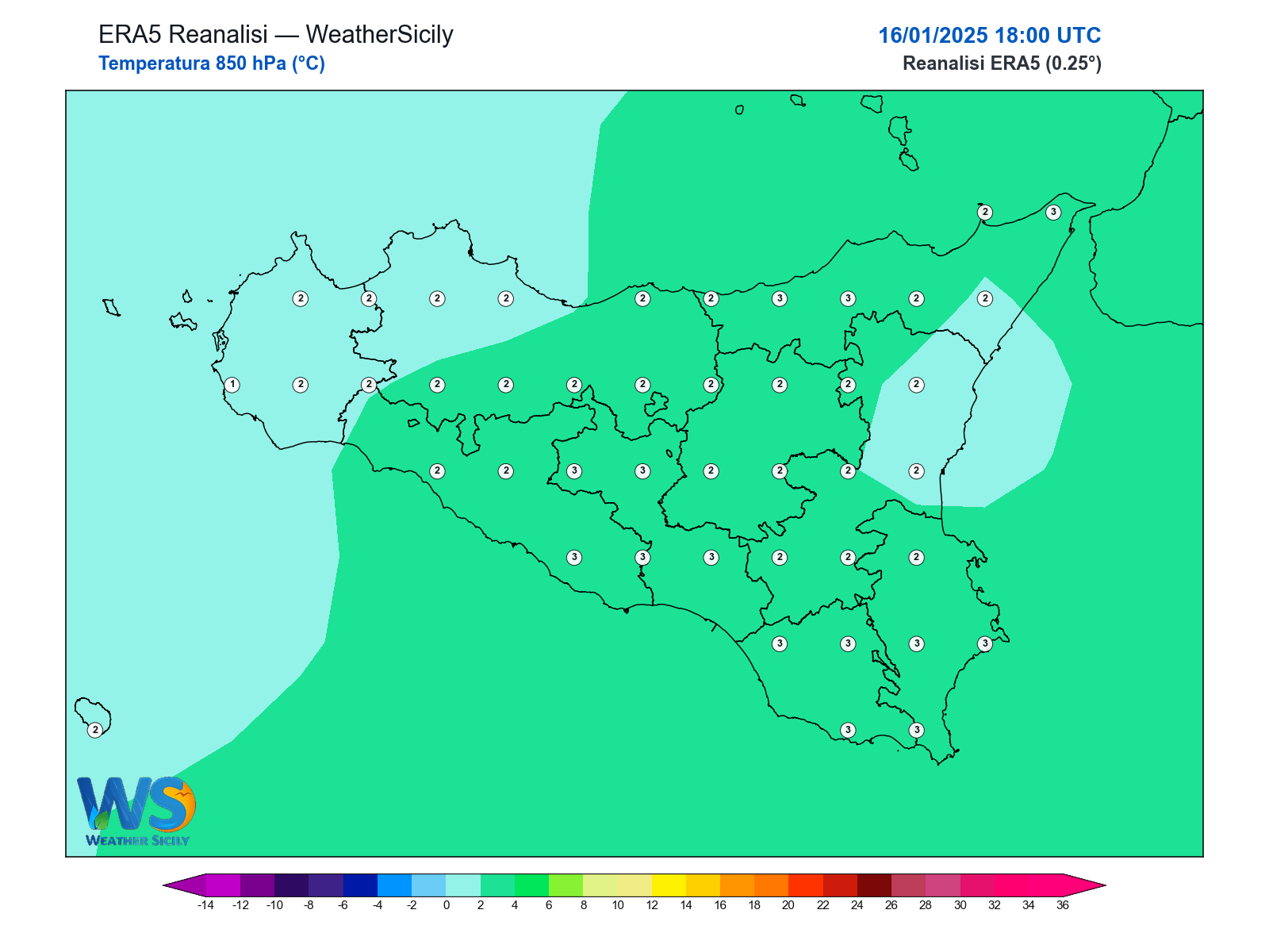 Temperatura a 850 hPa · 2025011618