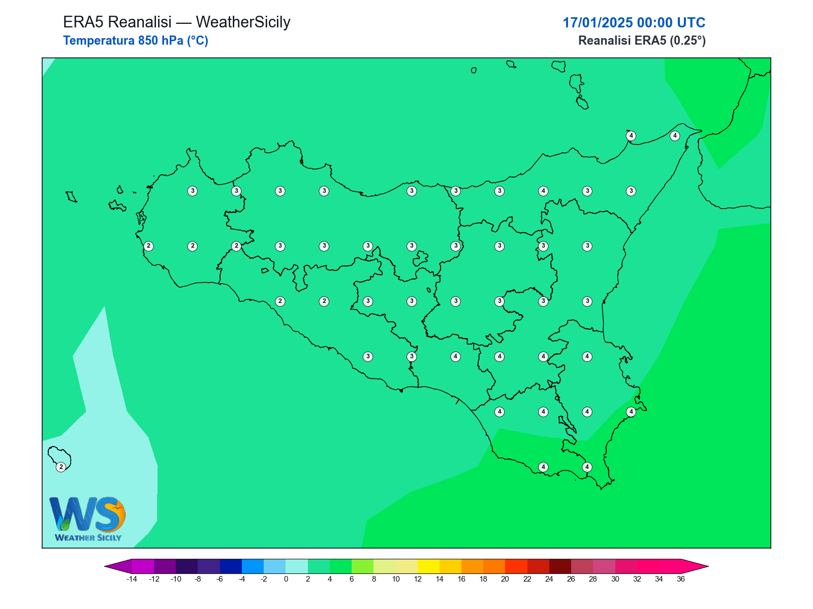 Temperatura a 850 hPa · 2025011700