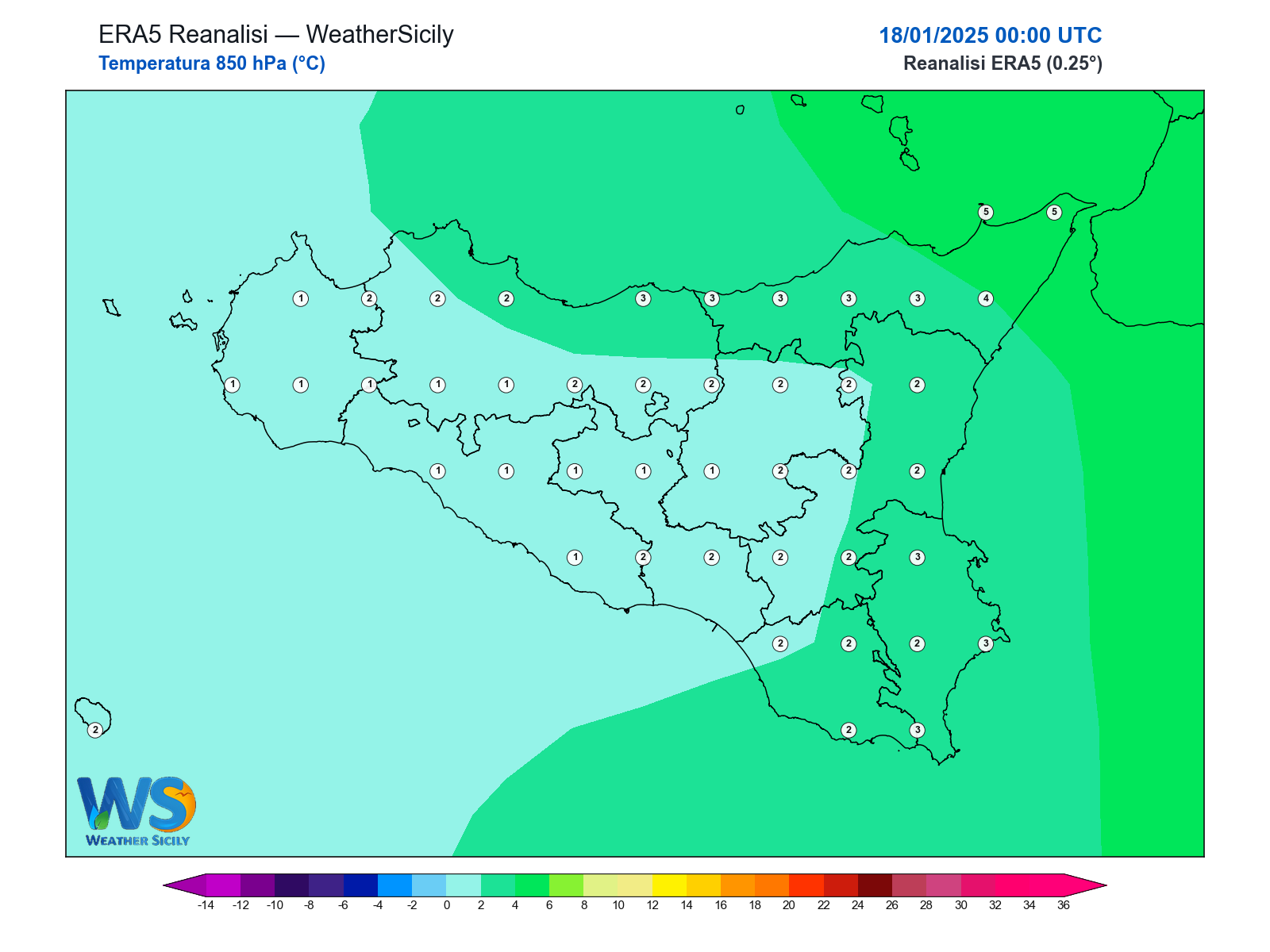 Temperatura a 850 hPa · 2025011800