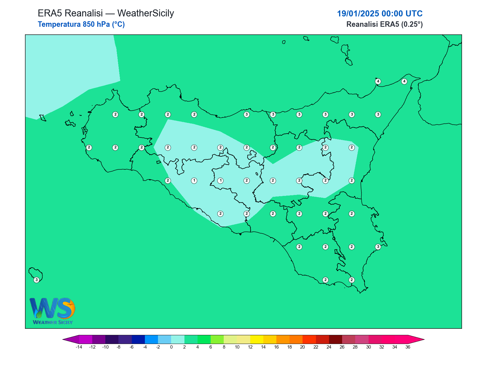 Temperatura a 850 hPa · 2025011900