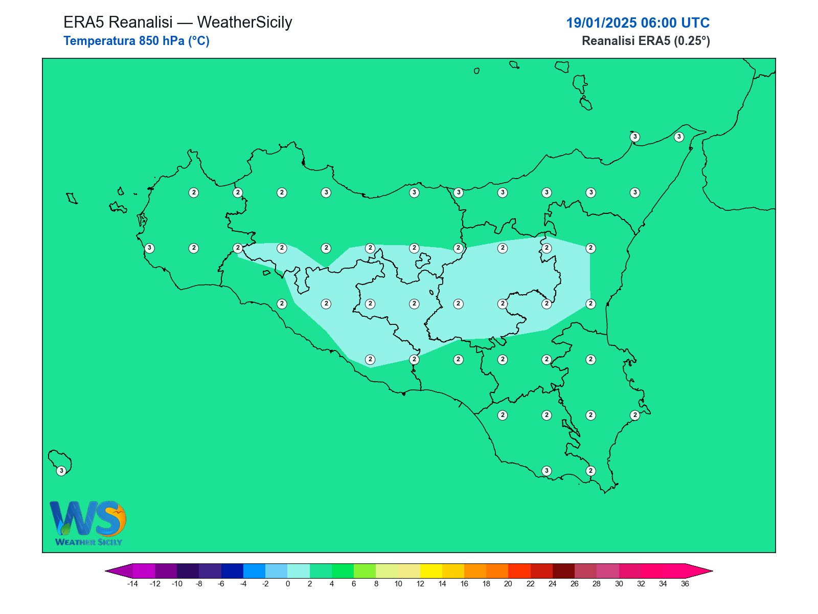Temperatura a 850 hPa · 2025011906