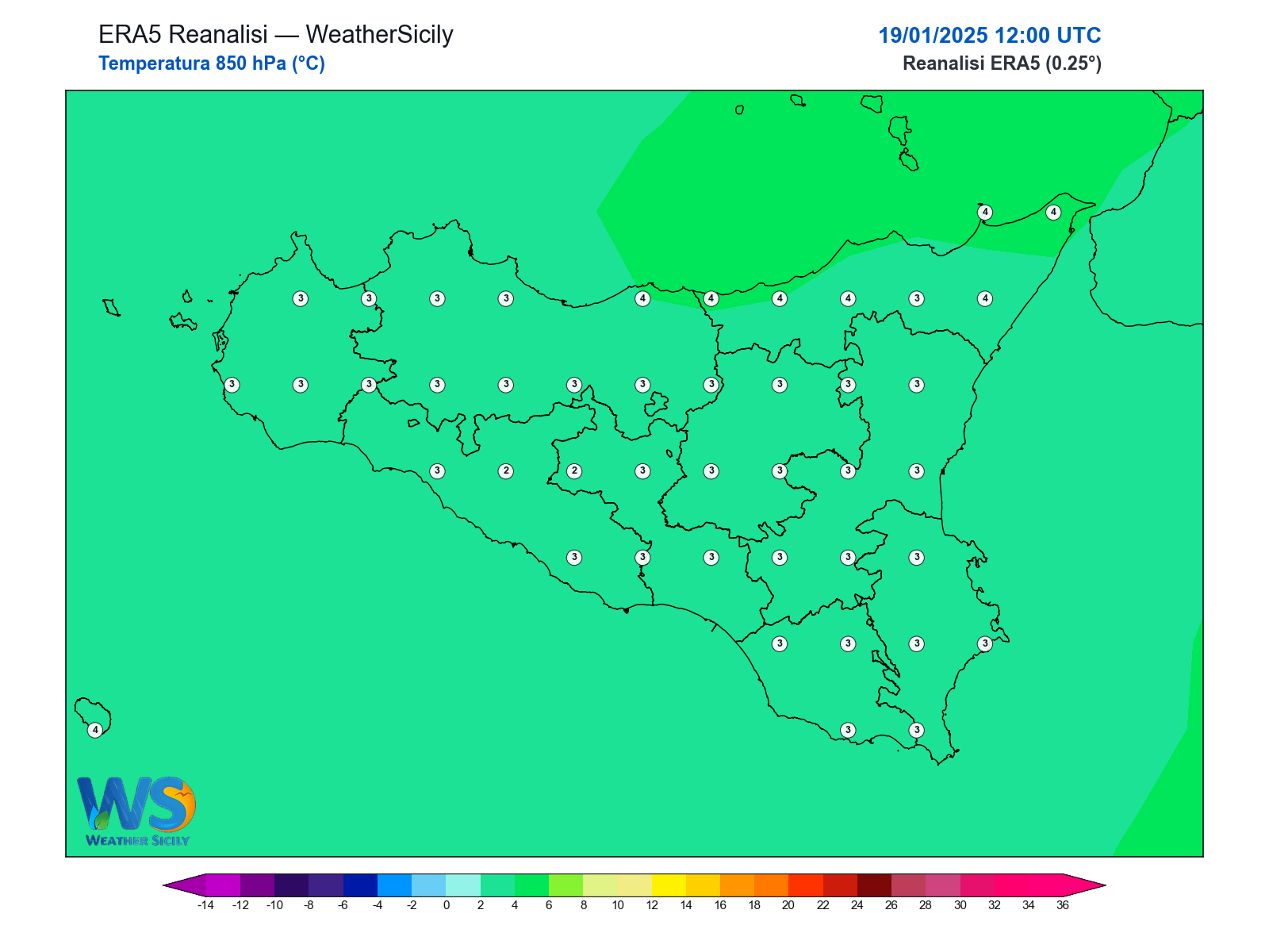 Temperatura a 850 hPa · 2025011912