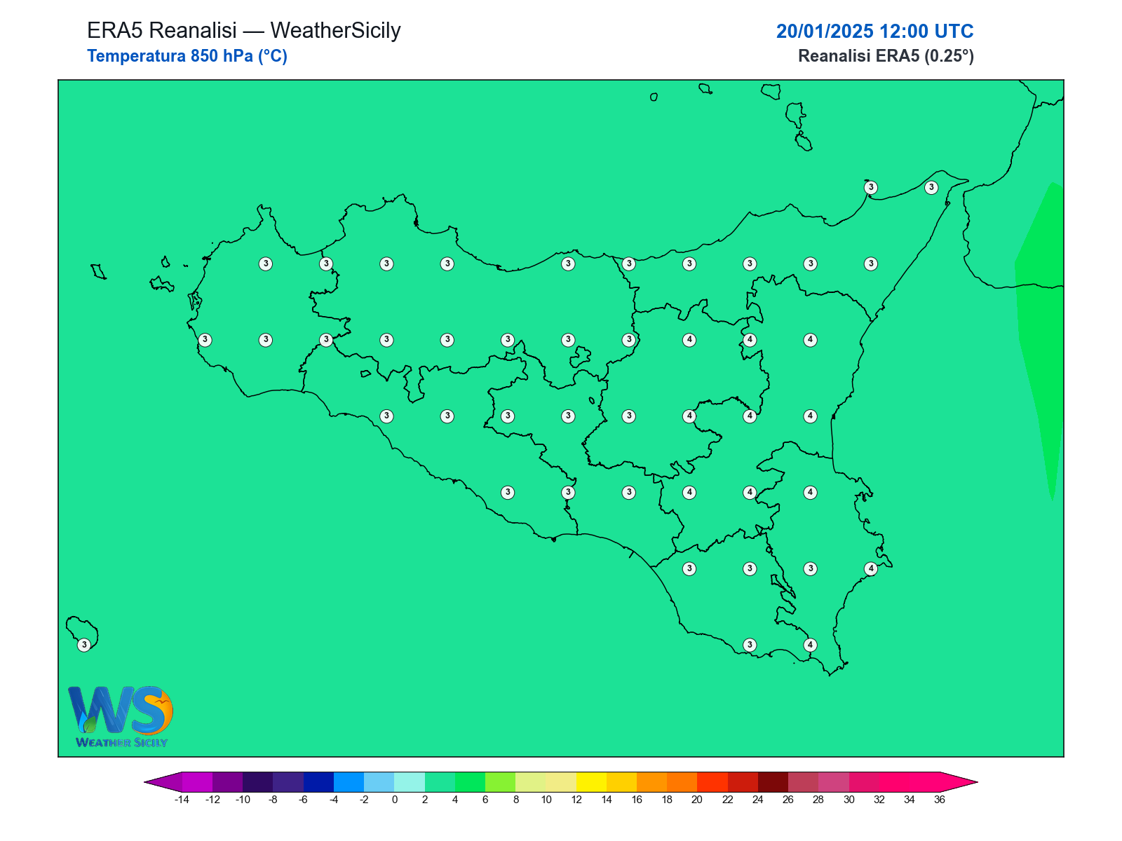 Temperatura a 850 hPa · 2025012012