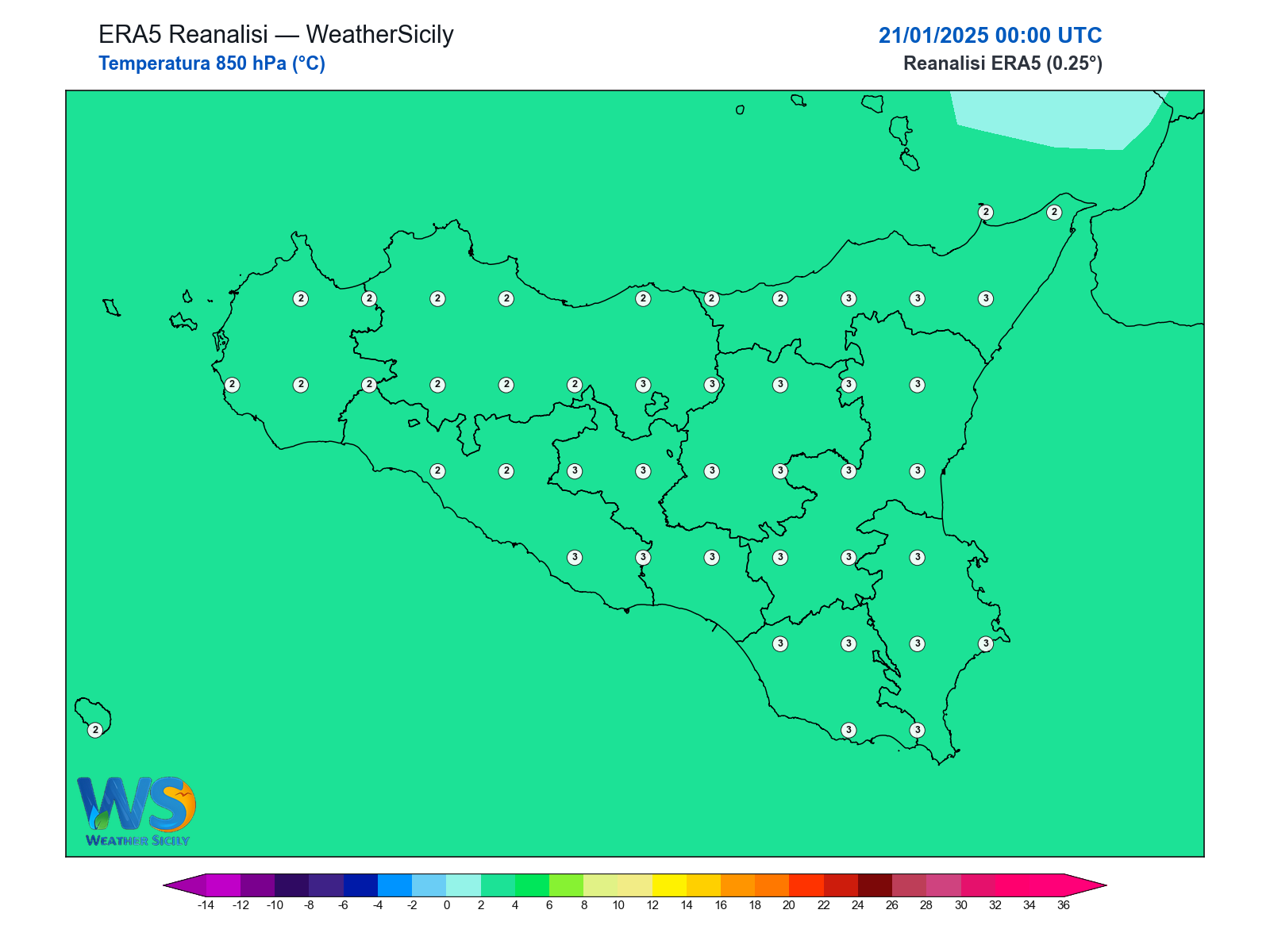 Temperatura a 850 hPa · 2025012100