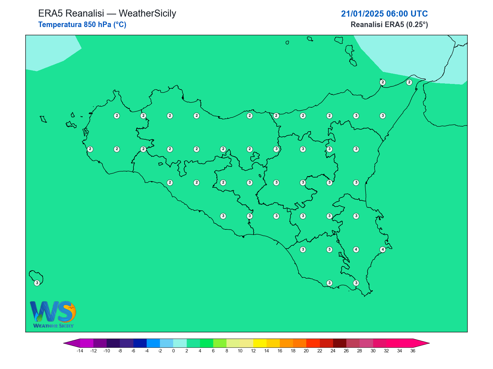 Temperatura a 850 hPa · 2025012106