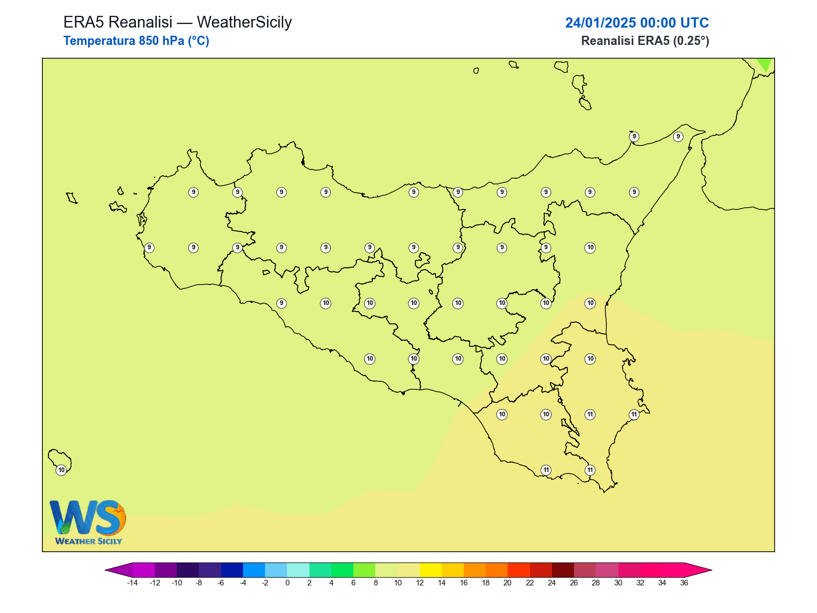 Temperatura a 850 hPa · 2025012400