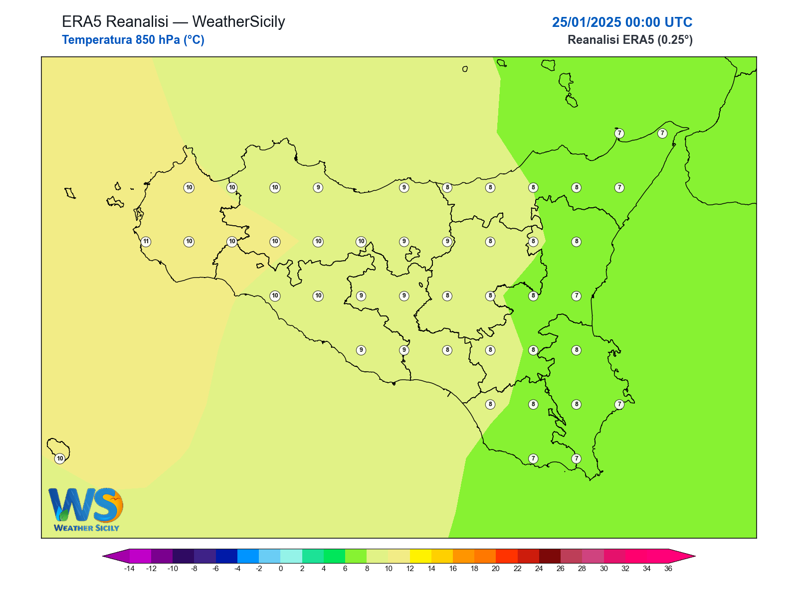 Temperatura a 850 hPa · 2025012500