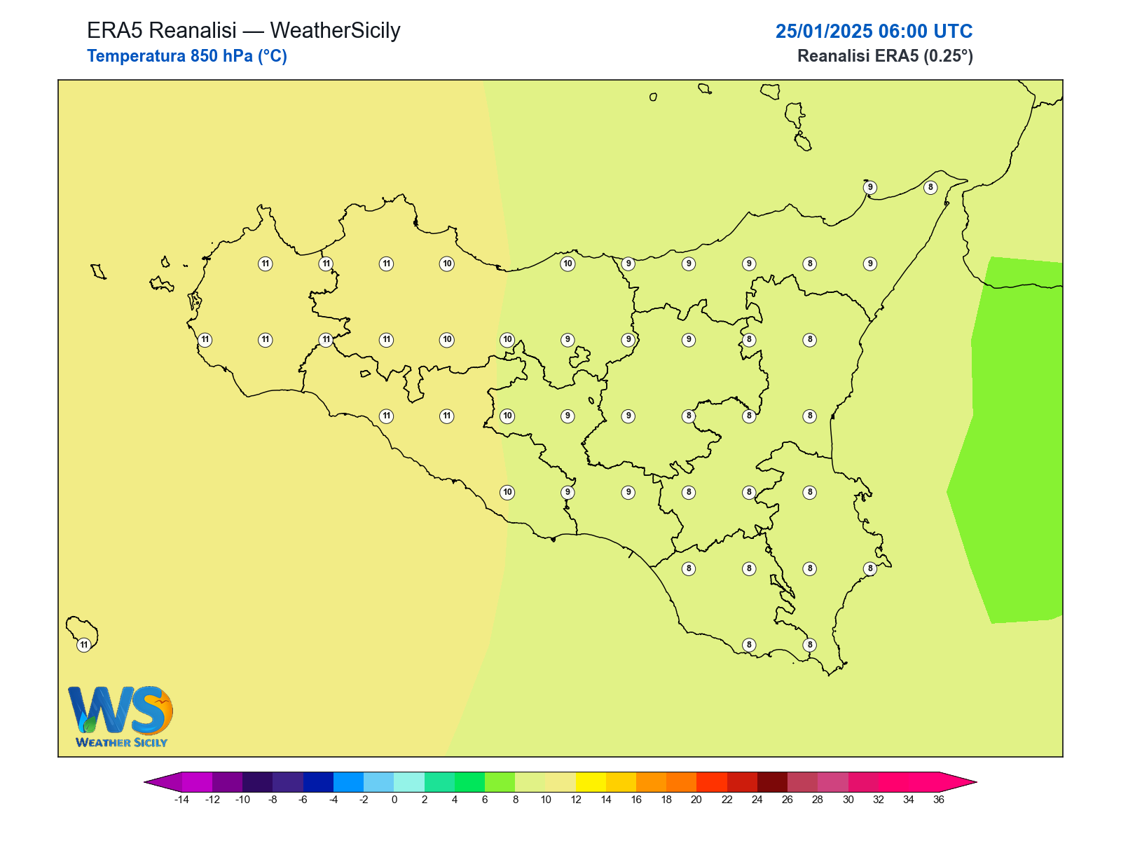 Temperatura a 850 hPa · 2025012506