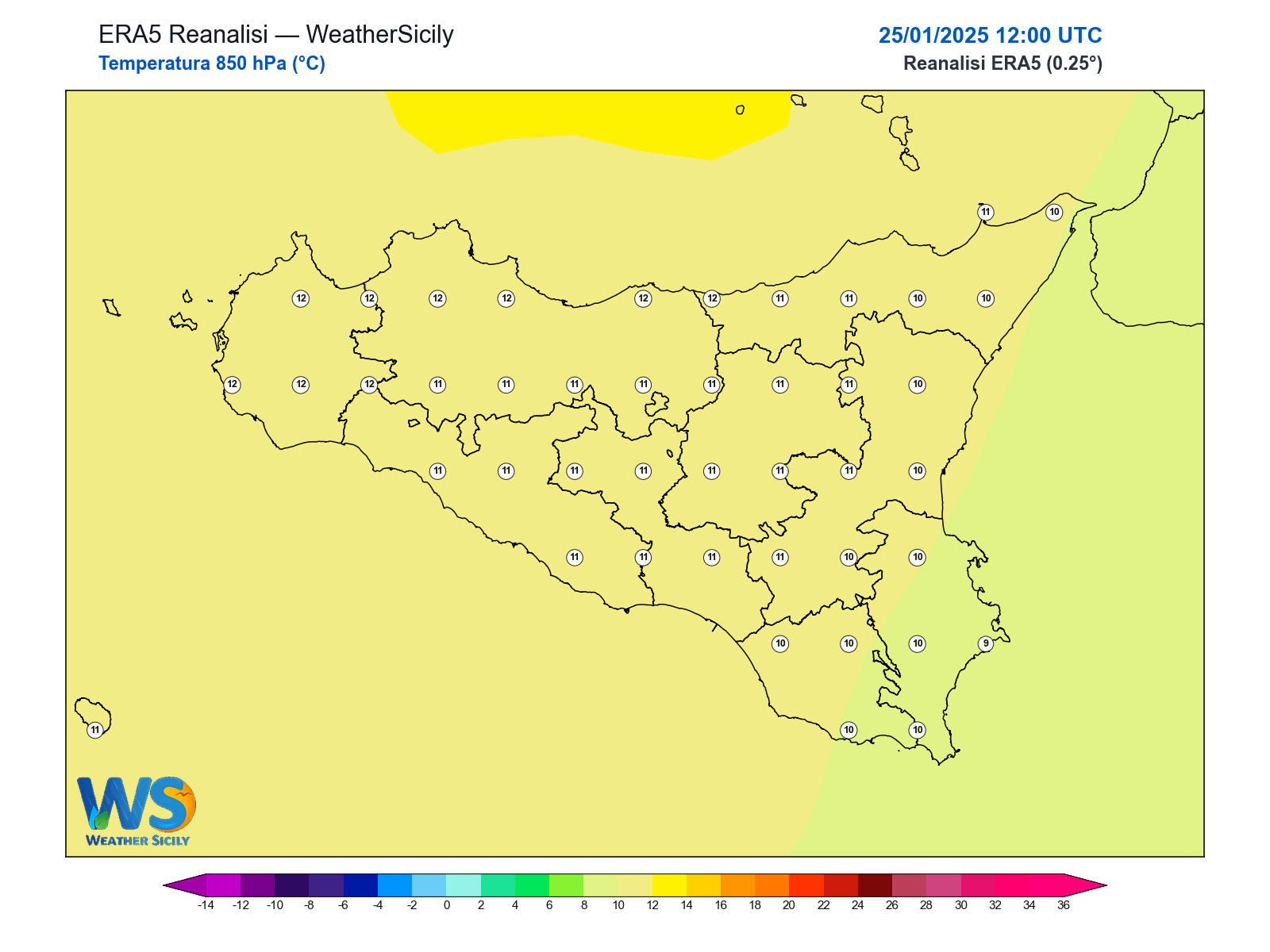 Temperatura a 850 hPa · 2025012512