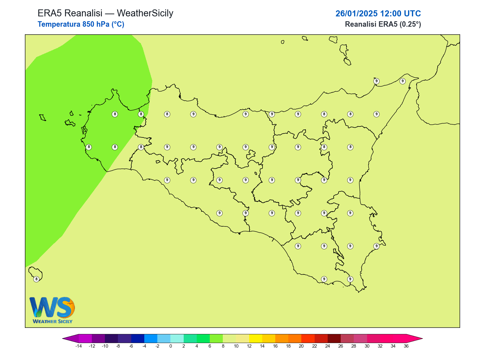 Temperatura a 850 hPa · 2025012612