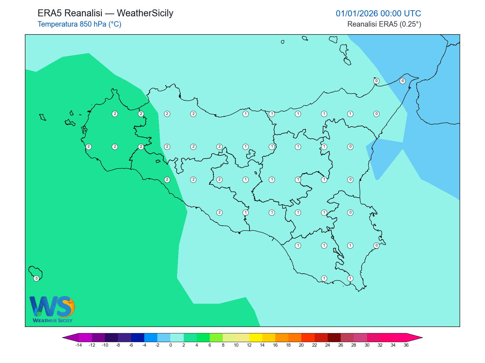 Temperatura a 850 hPa · 2026010100