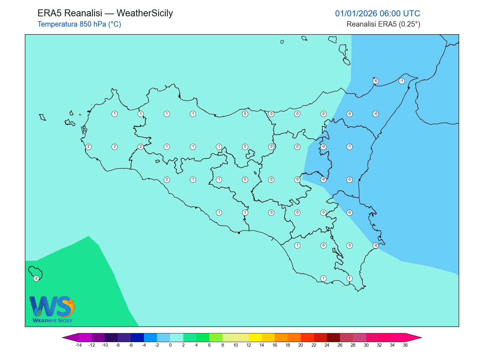 Temperatura a 850 hPa · 2026010106