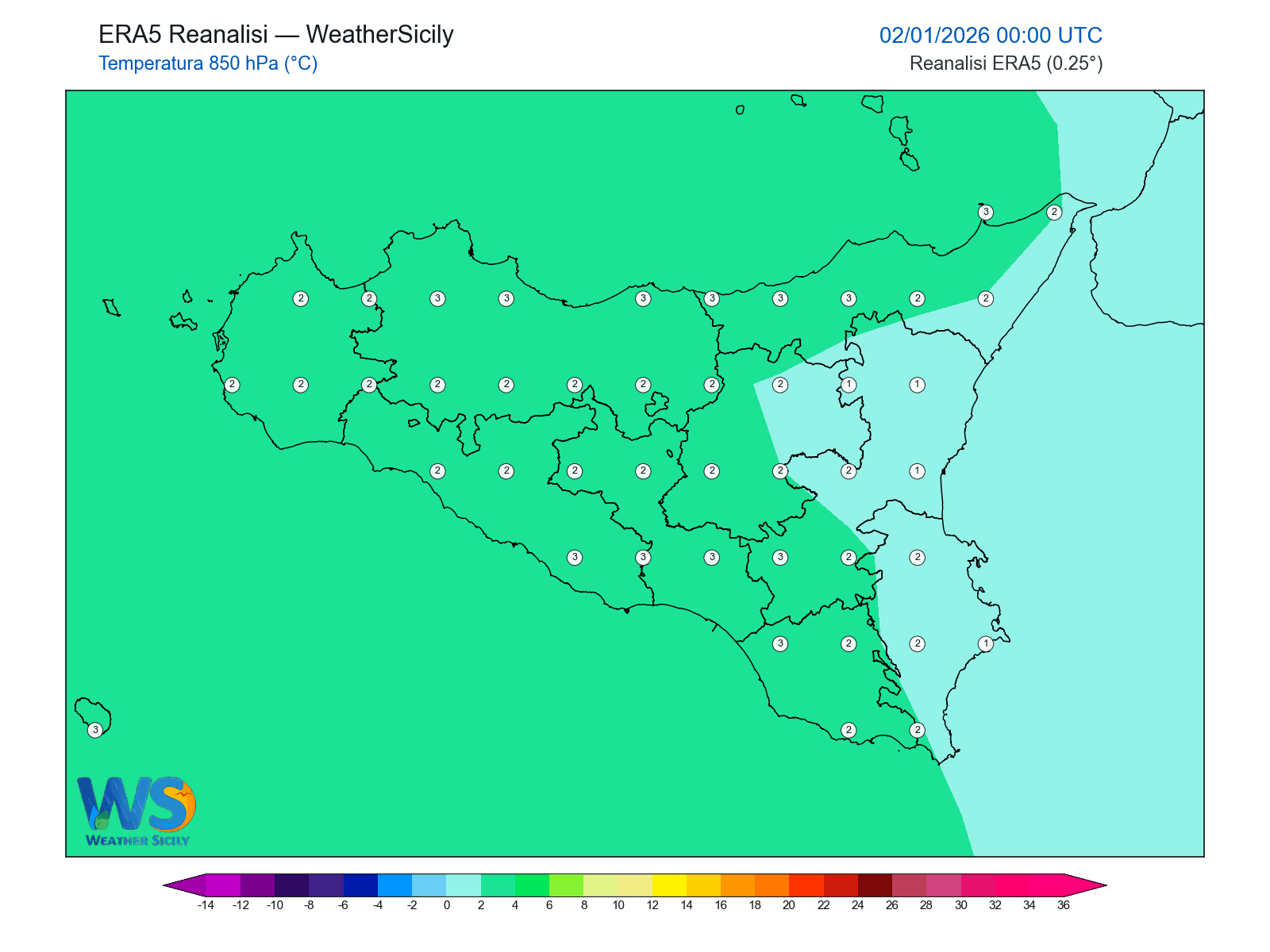 Temperatura a 850 hPa · 2026010200