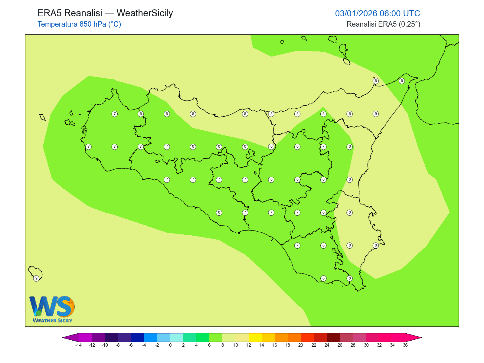 Temperatura a 850 hPa · 2026010306