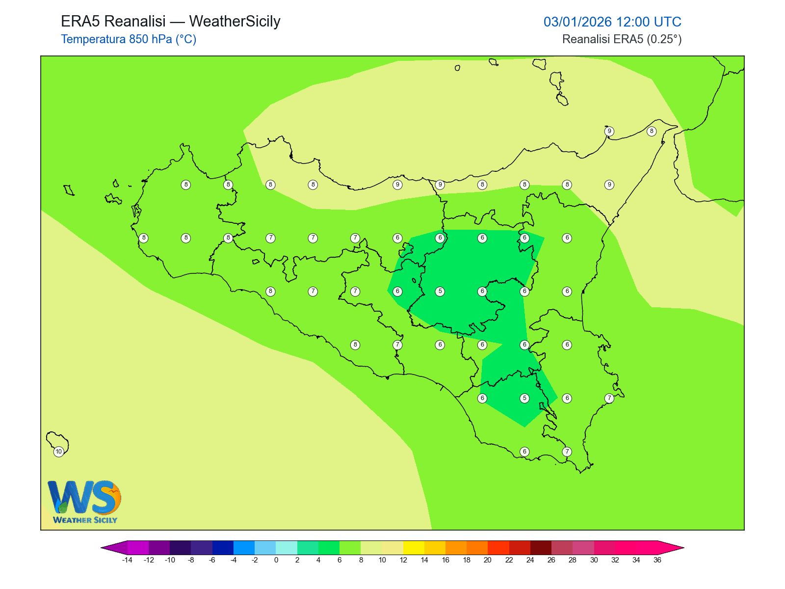 Temperatura a 850 hPa · 2026010312