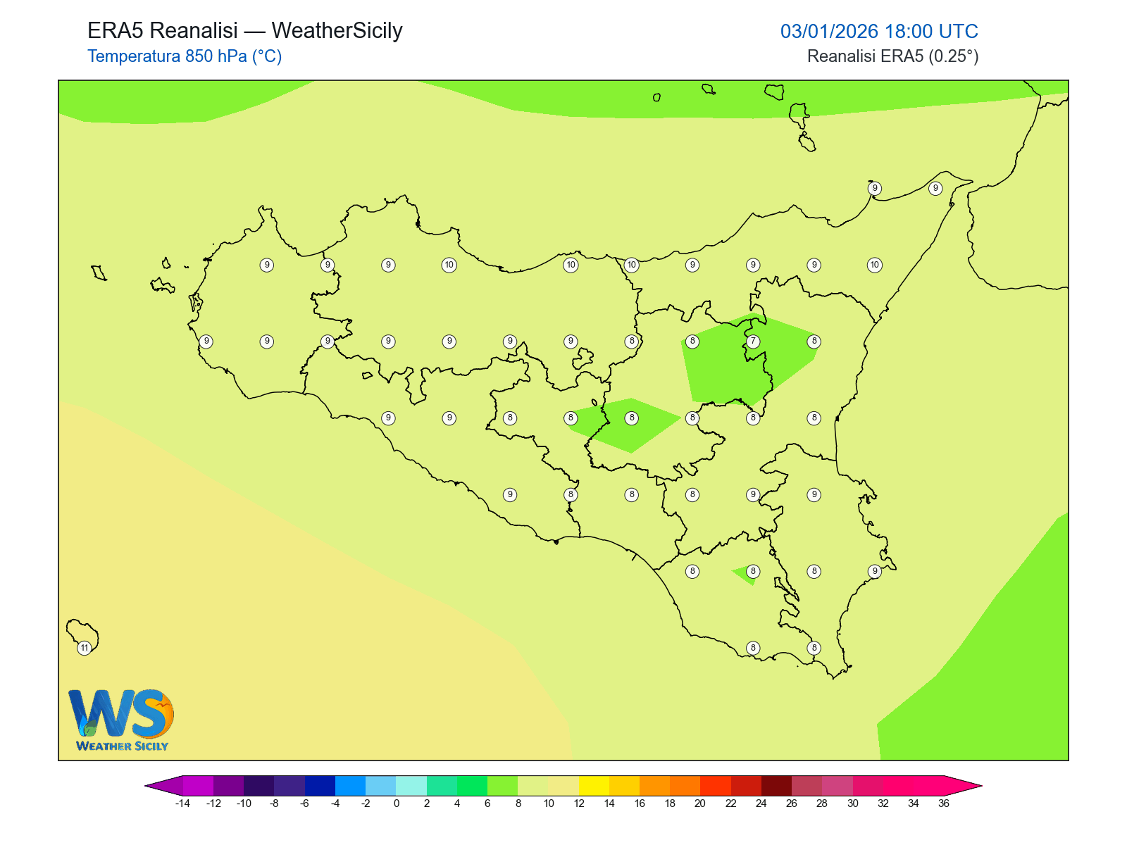 Temperatura a 850 hPa · 2026010318