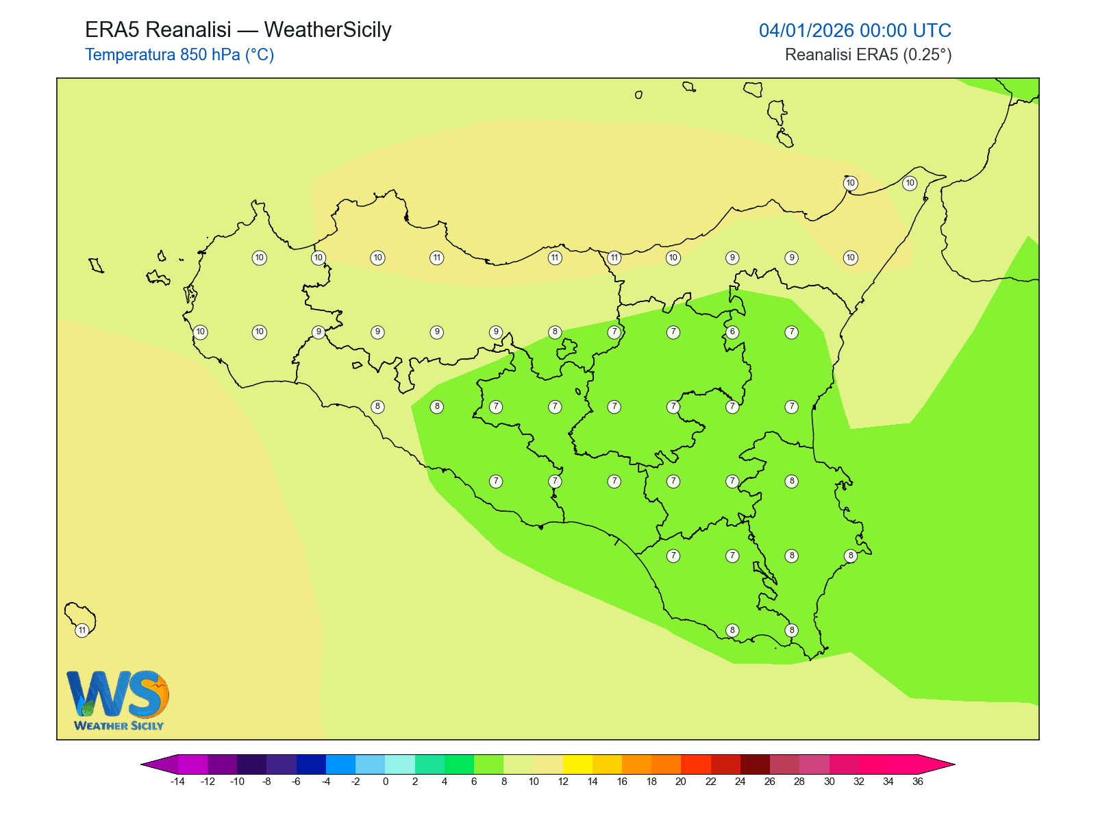 Temperatura a 850 hPa · 2026010400