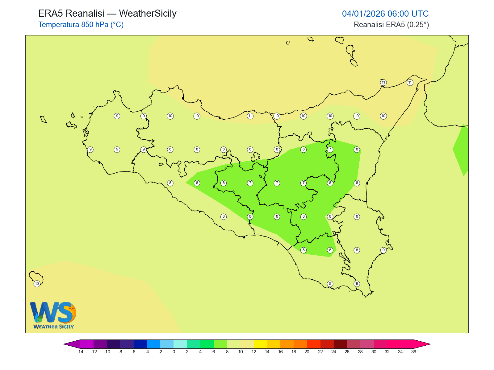 Temperatura a 850 hPa · 2026010406
