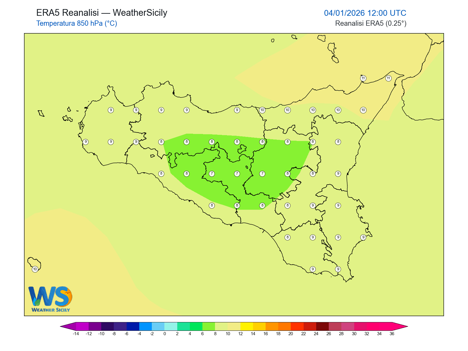 Temperatura a 850 hPa · 2026010412