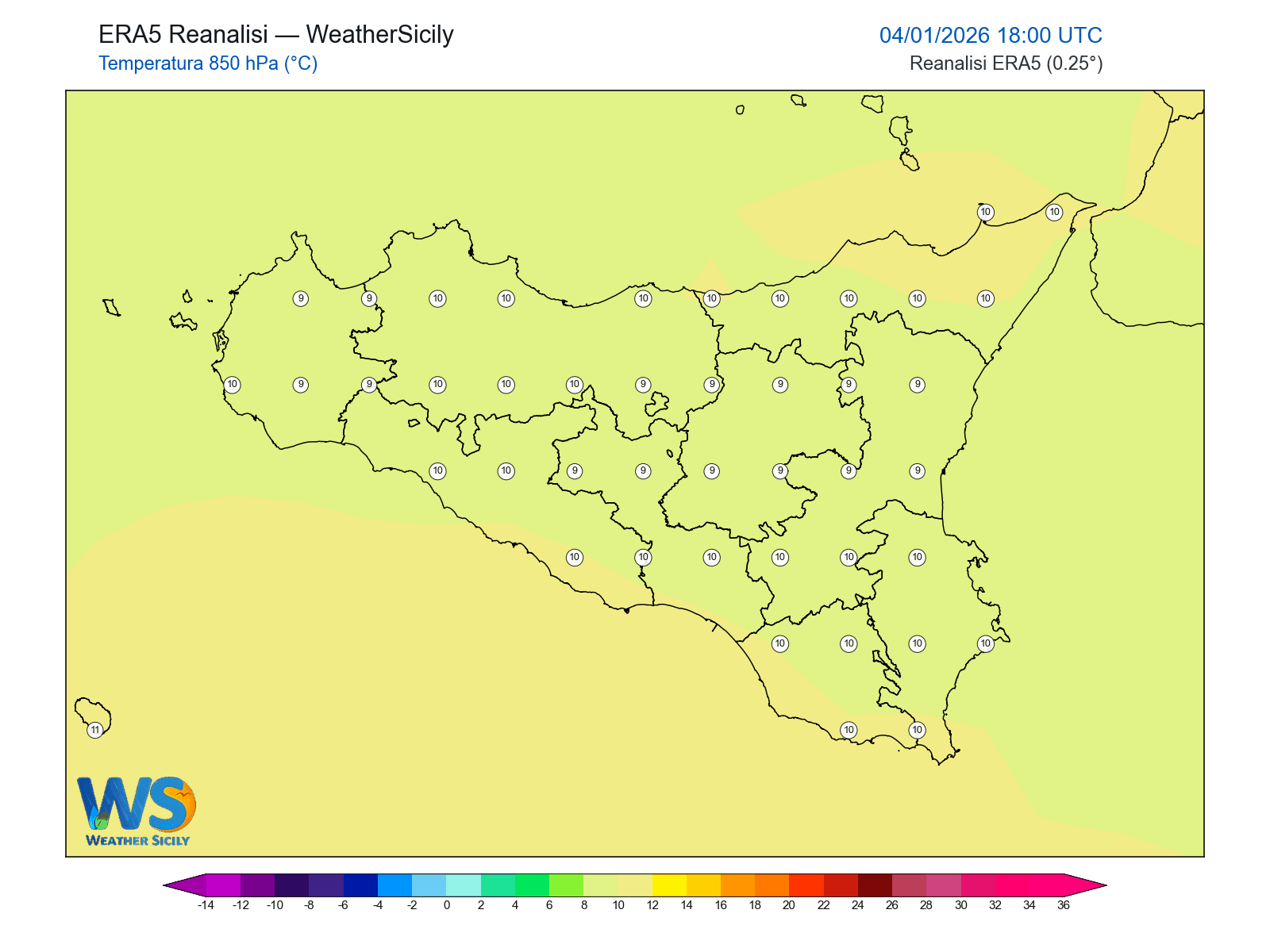 Temperatura a 850 hPa · 2026010418