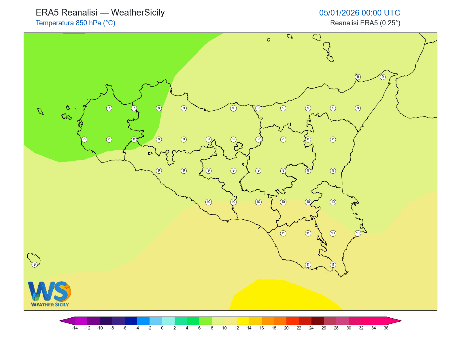 Temperatura a 850 hPa · 2026010500