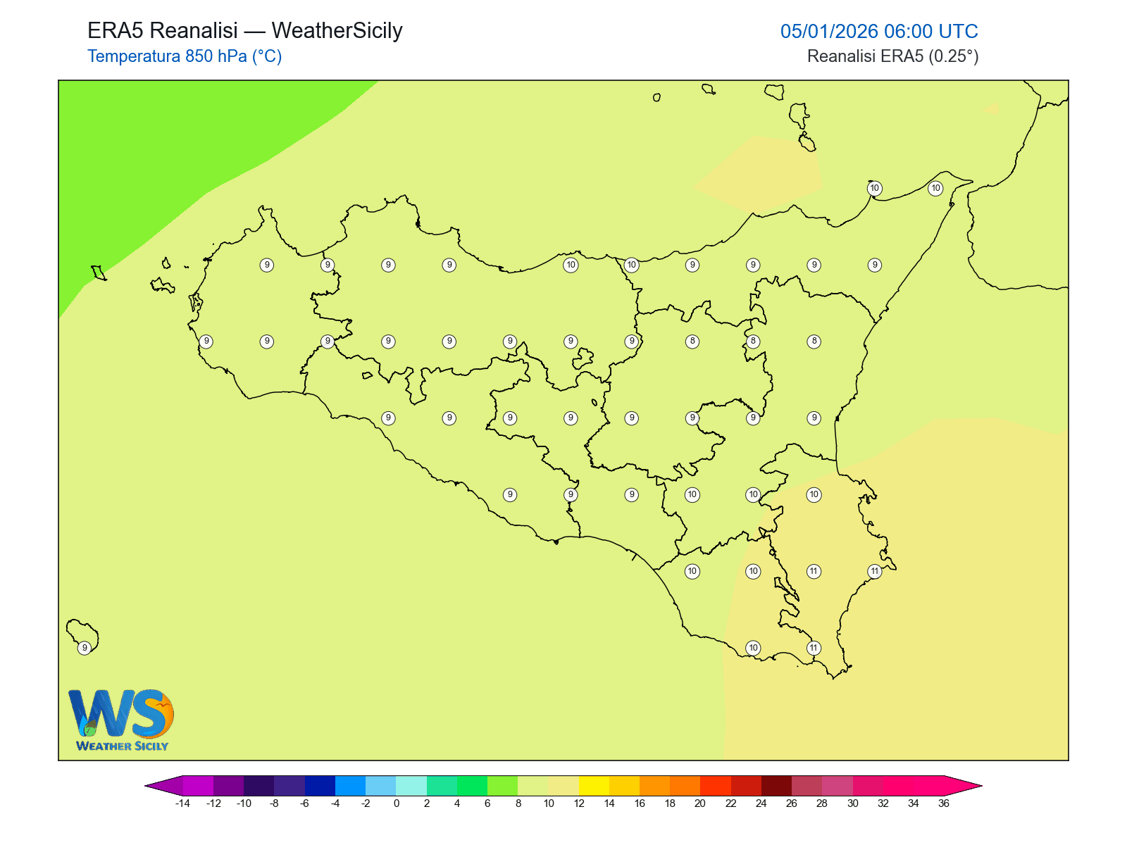 Temperatura a 850 hPa · 2026010506