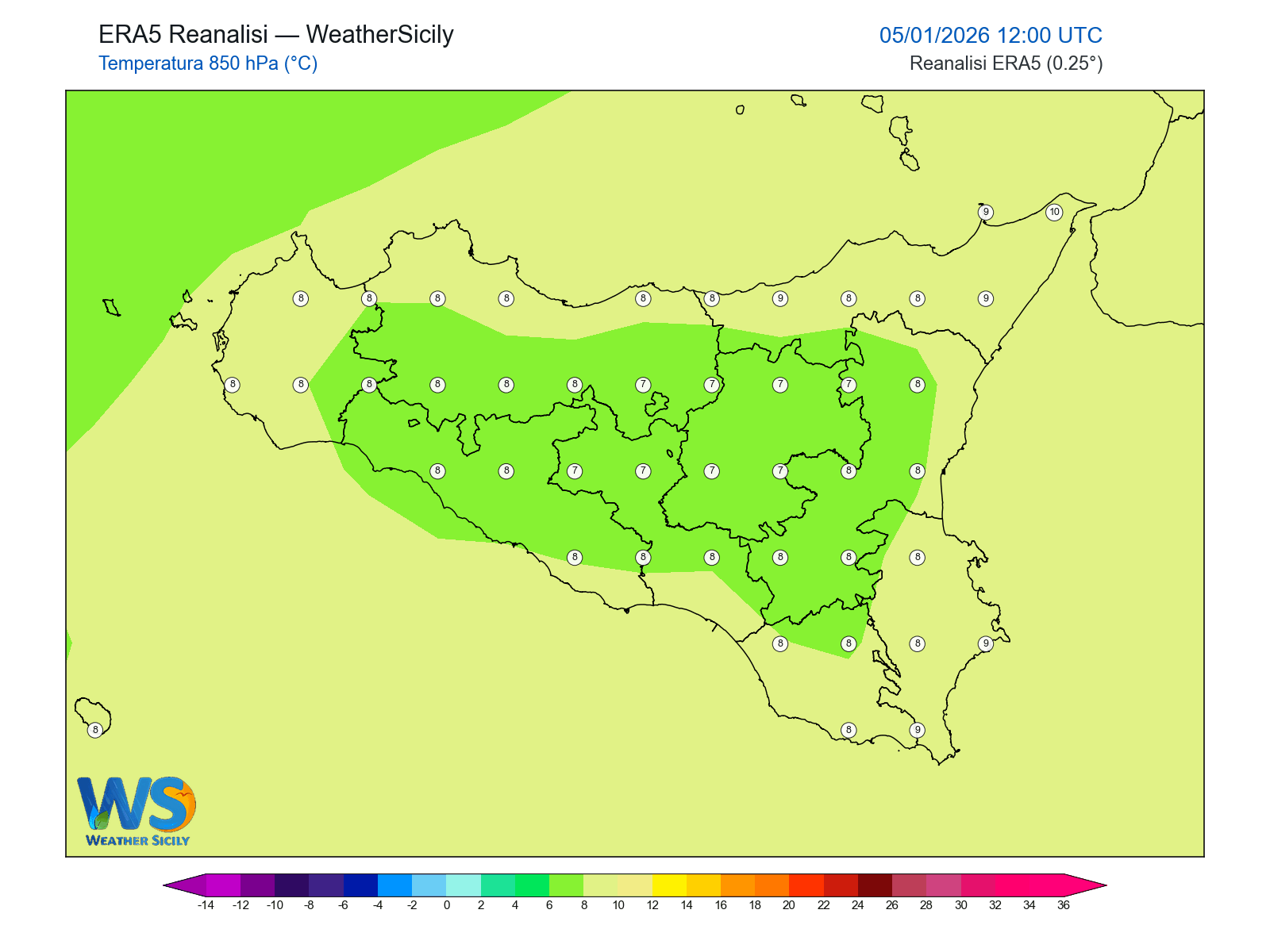 Temperatura a 850 hPa · 2026010512