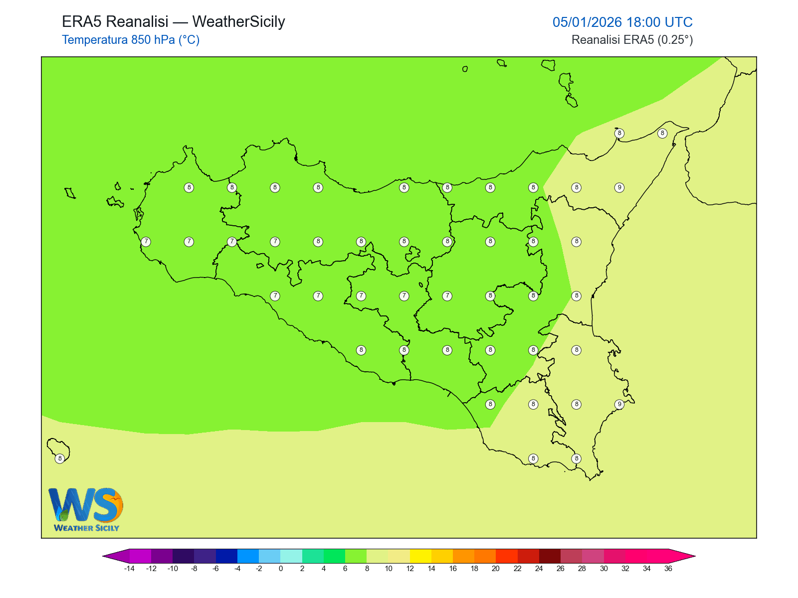 Temperatura a 850 hPa · 2026010518
