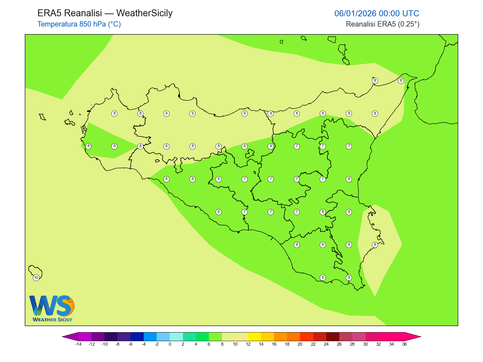 Temperatura a 850 hPa · 2026010600