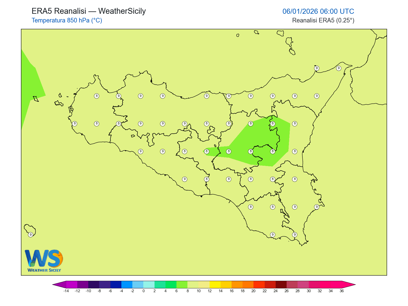 Temperatura a 850 hPa · 2026010606
