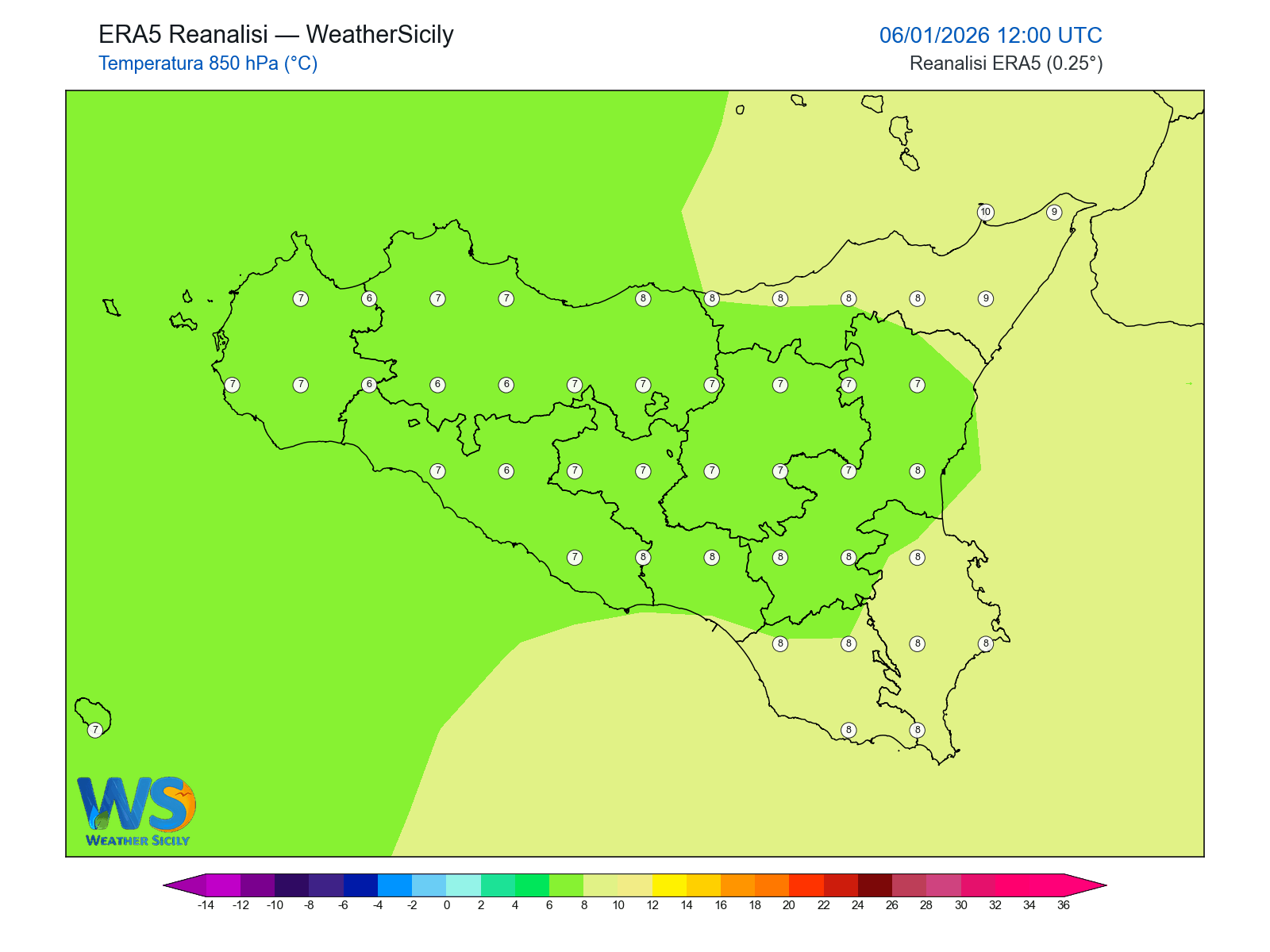 Temperatura a 850 hPa · 2026010612