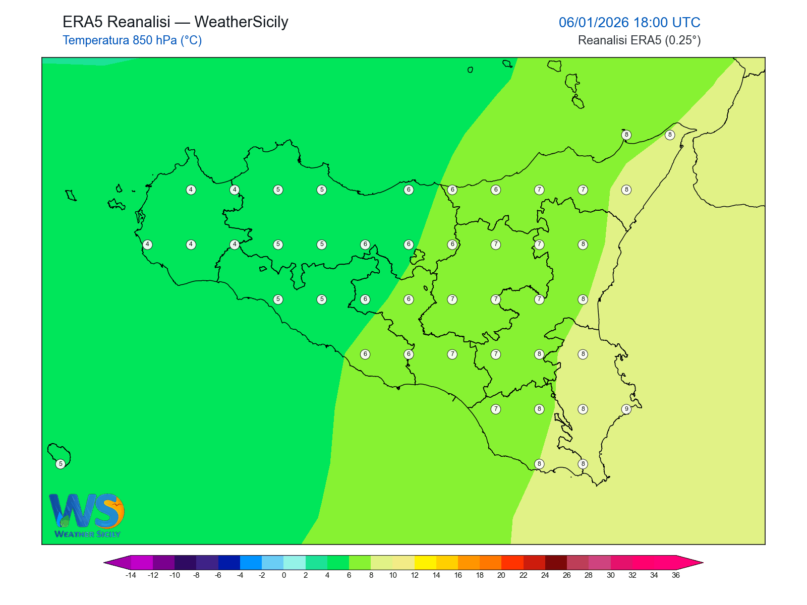 Temperatura a 850 hPa · 2026010618