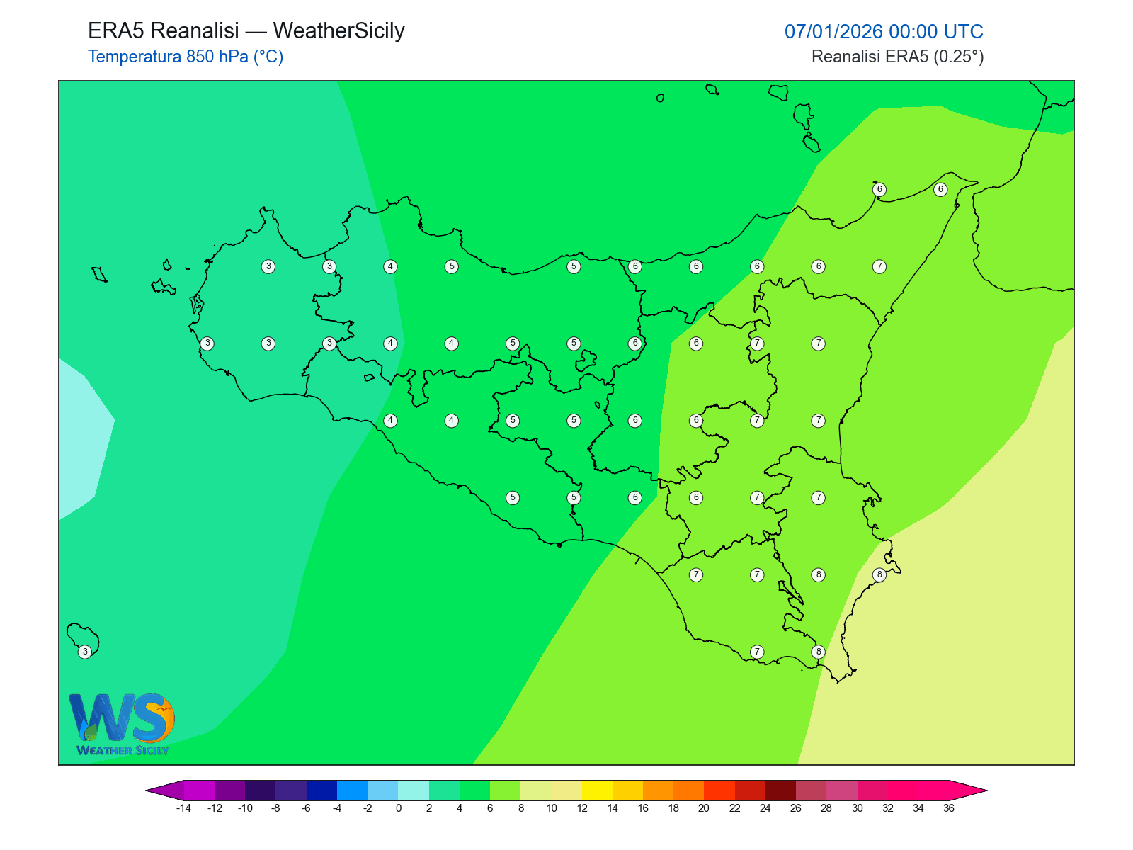 Temperatura a 850 hPa · 2026010700