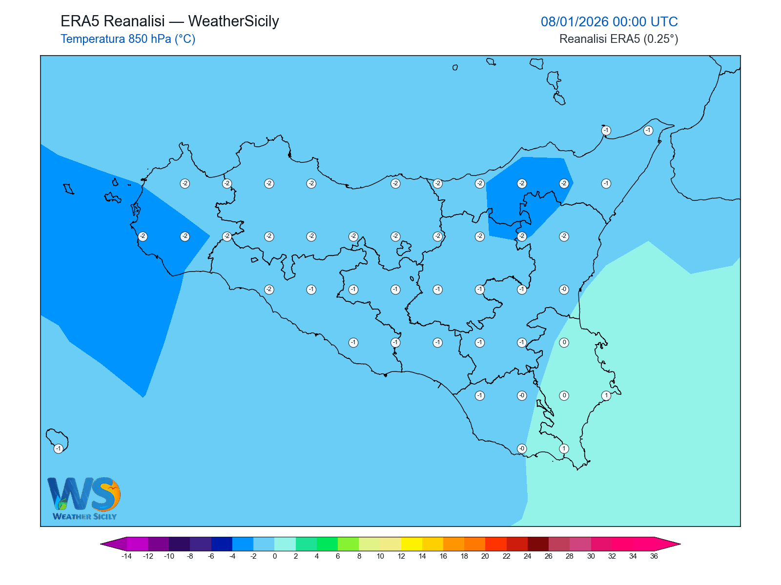 Temperatura a 850 hPa · 2026010800