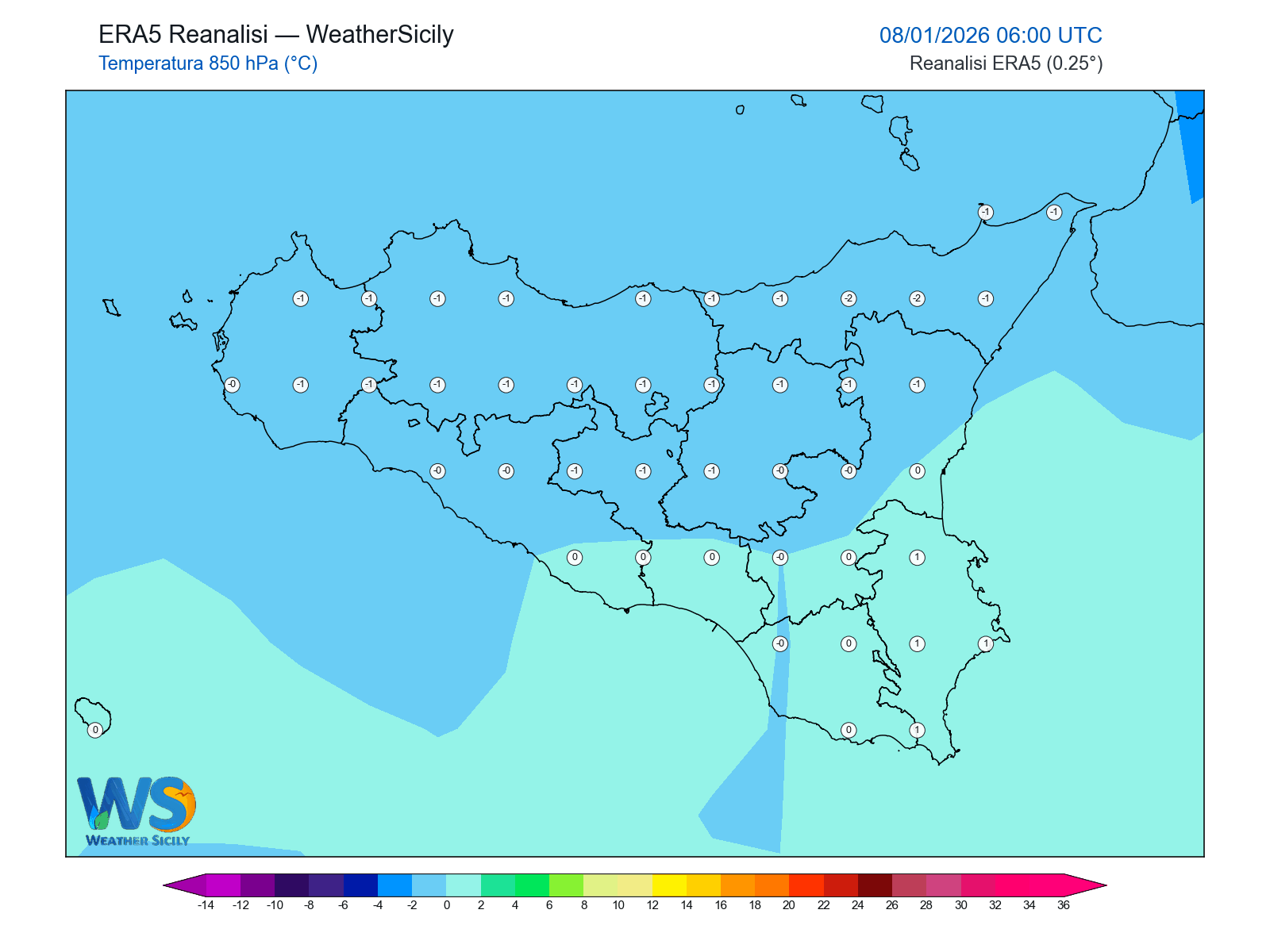 Temperatura a 850 hPa · 2026010806