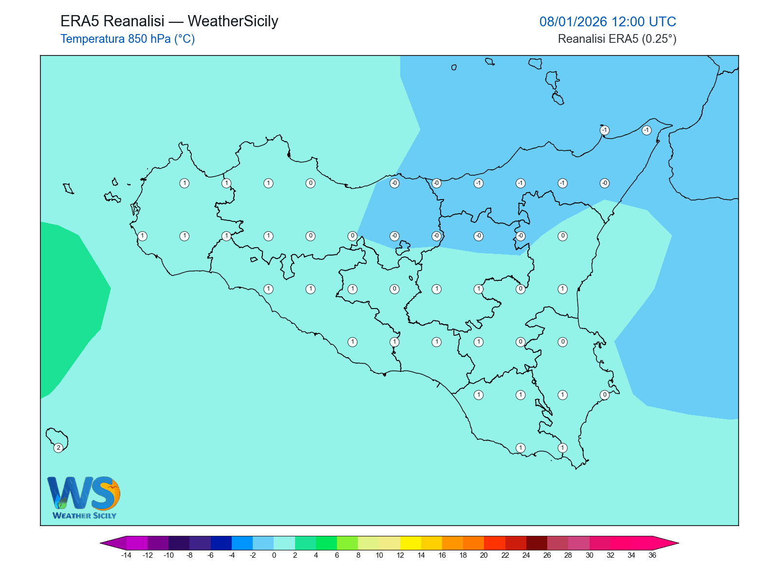 Temperatura a 850 hPa · 2026010812