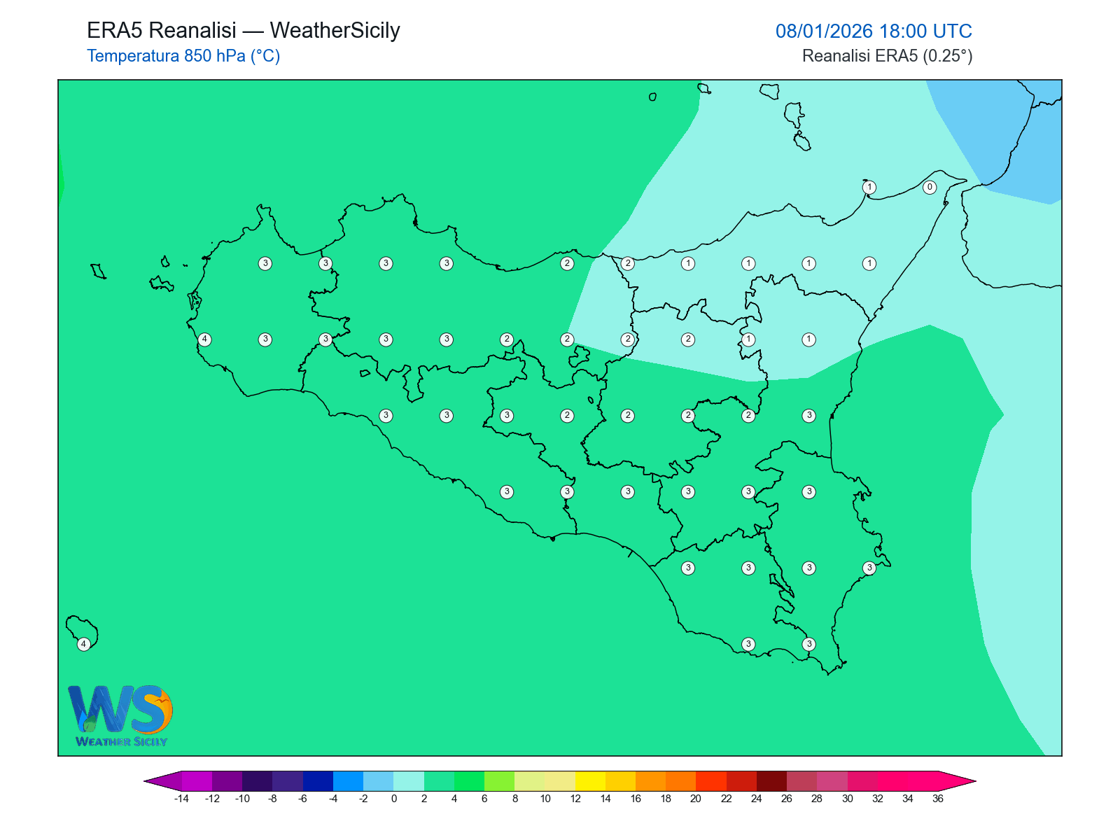 Temperatura a 850 hPa · 2026010818