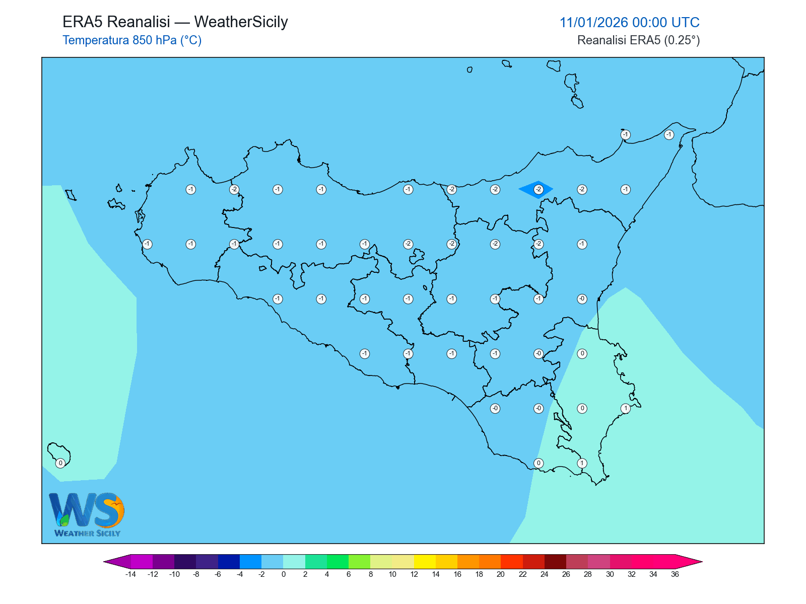 Temperatura a 850 hPa · 2026011100