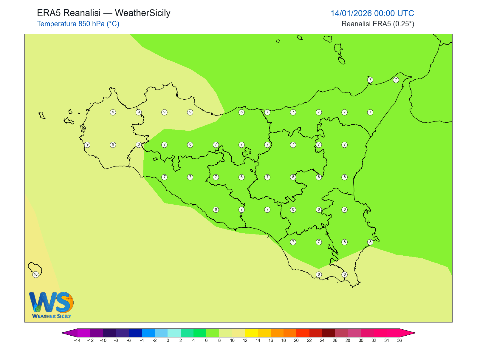 Temperatura a 850 hPa · 2026011400
