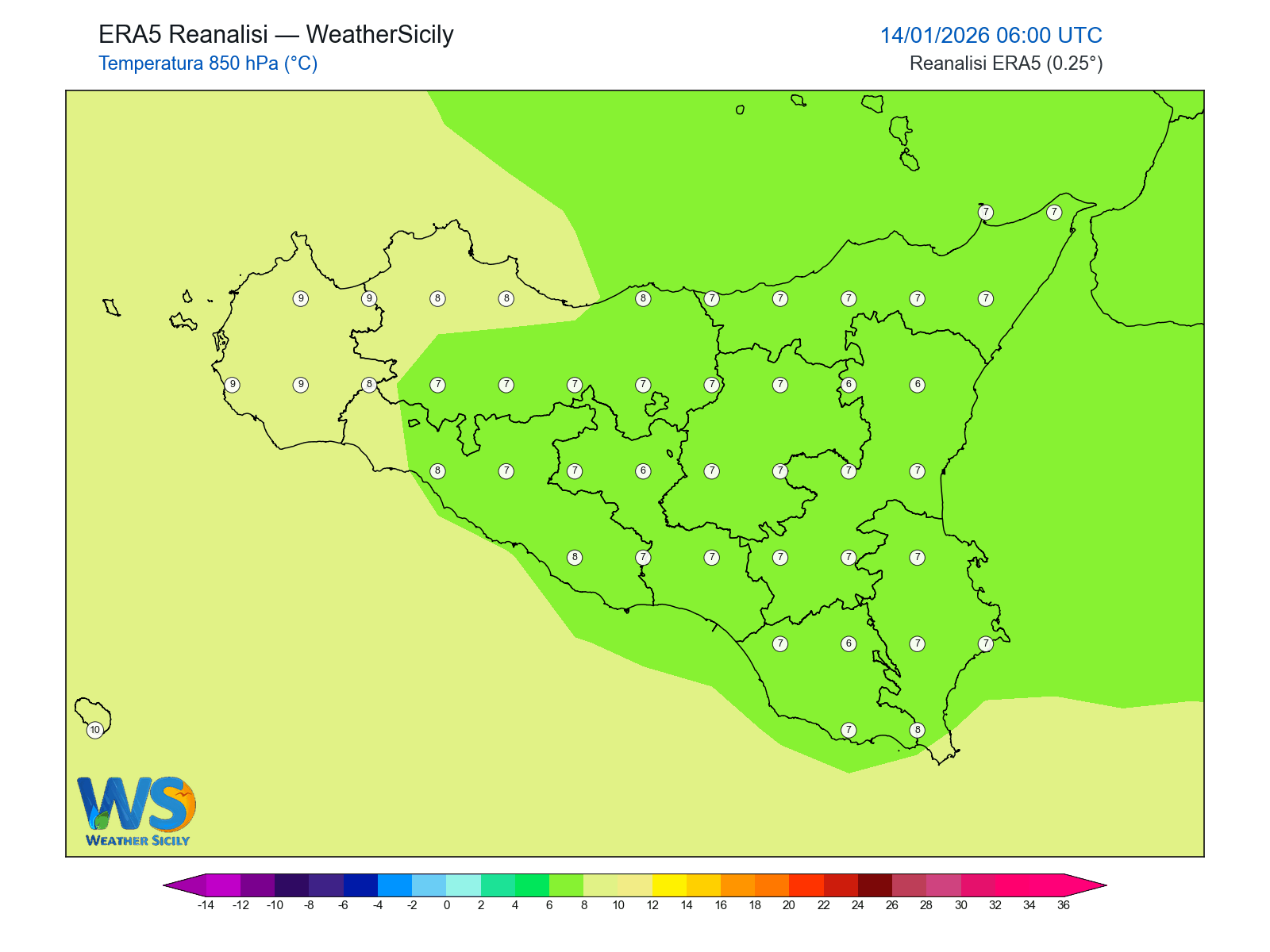 Temperatura a 850 hPa · 2026011406