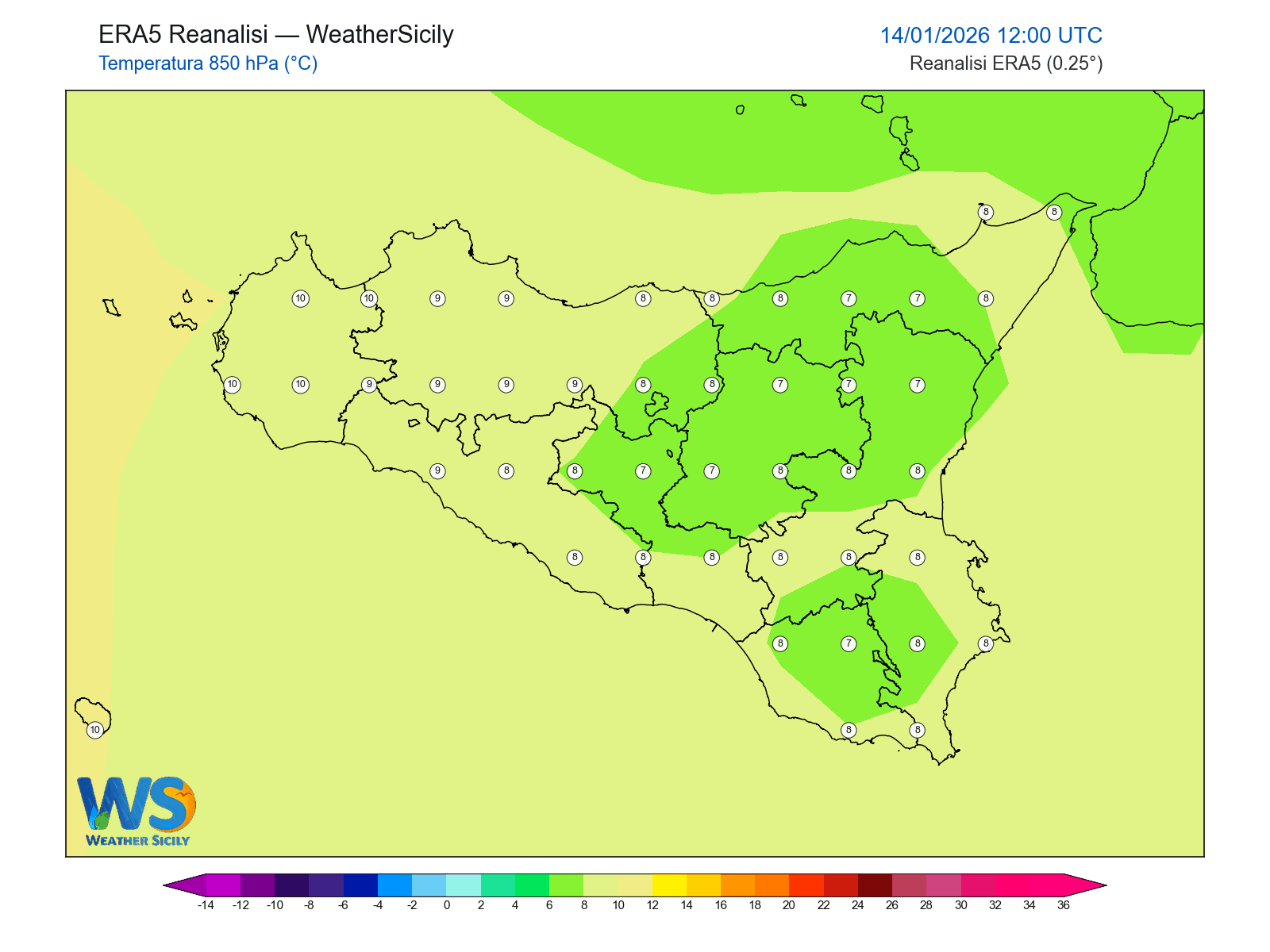 Temperatura a 850 hPa · 2026011412