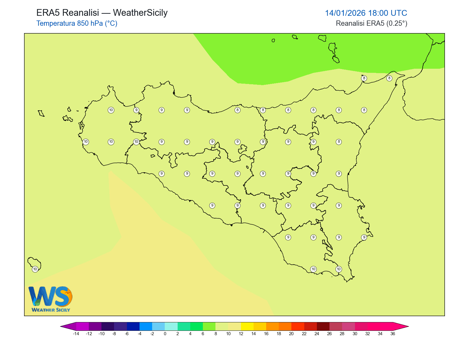 Temperatura a 850 hPa · 2026011418