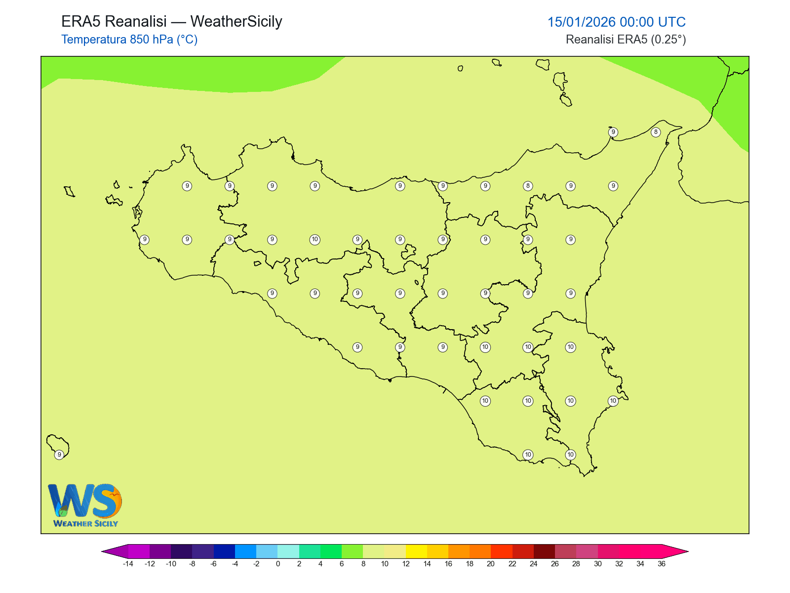 Temperatura a 850 hPa · 2026011500