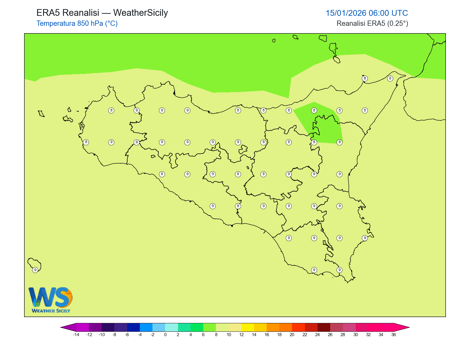 Temperatura a 850 hPa · 2026011506