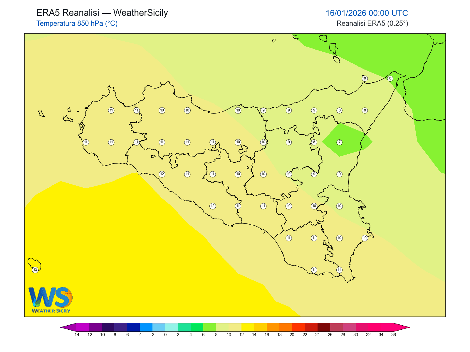 Temperatura a 850 hPa · 2026011600