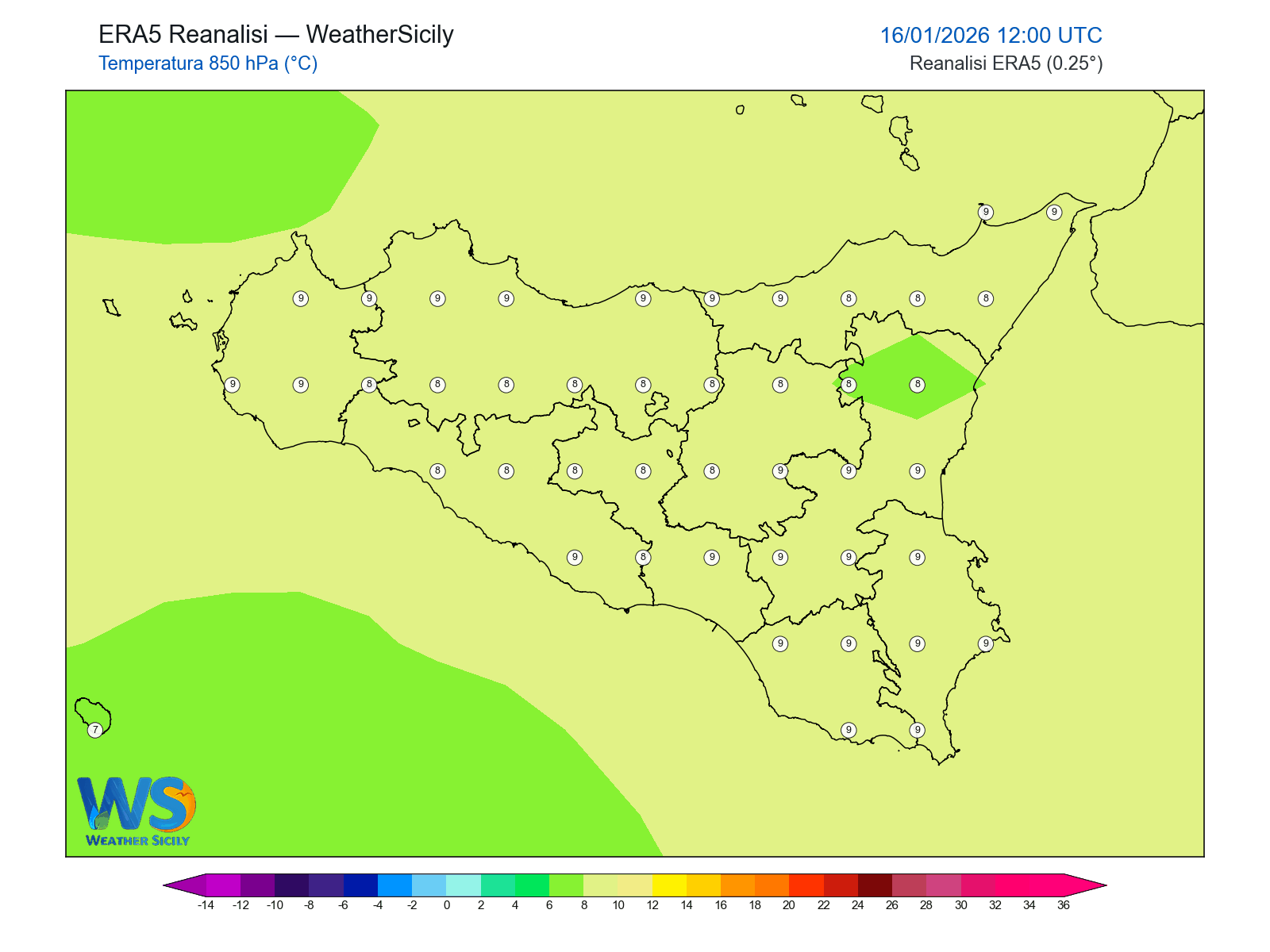 Temperatura a 850 hPa · 2026011612